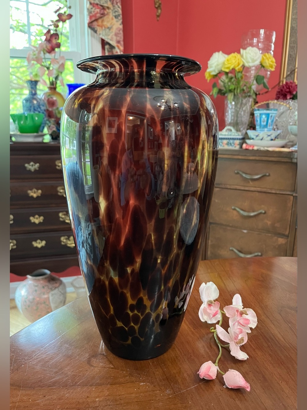 Vintage Murano Style Large 13.25" Tortoiseshell Hand-Blown Art Glass Vase Italy